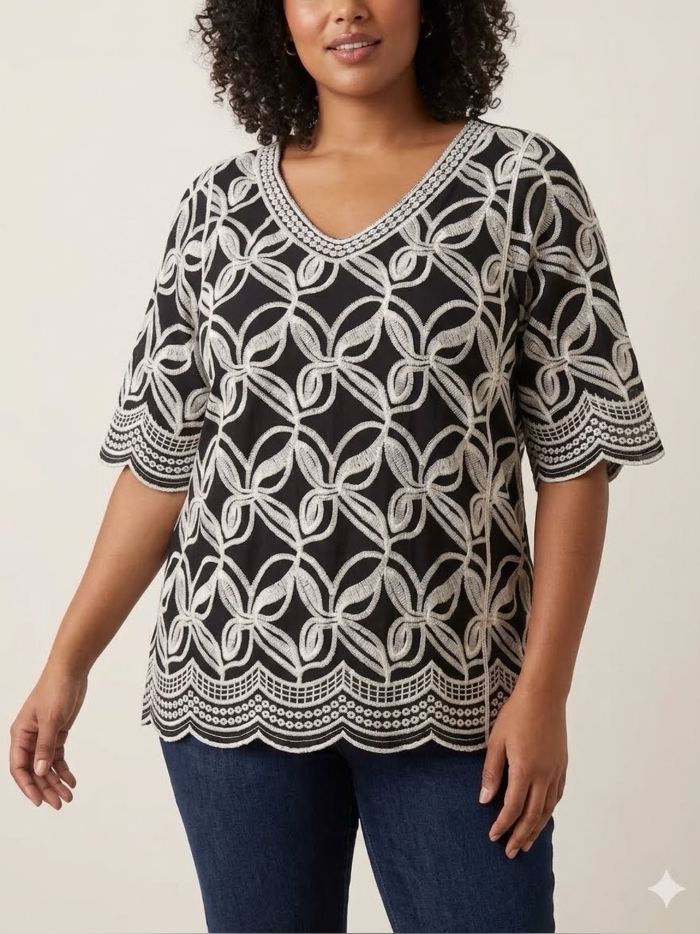 Kindred Plus Size Dramatic Black With All Over White Embroidery. Size 1X